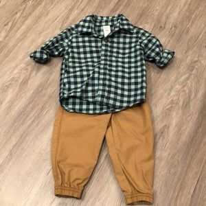 Khaki pants and green and blue flannel baby boy